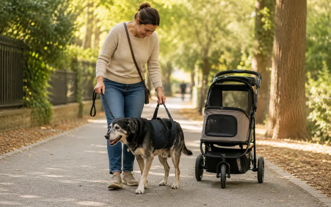 Promener un chien senior ou handicapé : rythme, harnais, poussette et sécurité
